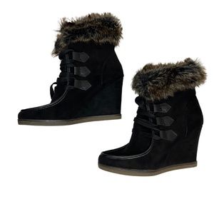 Merona Faux Fur Suede Wedge Winter Boots Black Heeled Booties